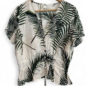 🟠 H&M Green Palm Tree Print Blouse Size 8